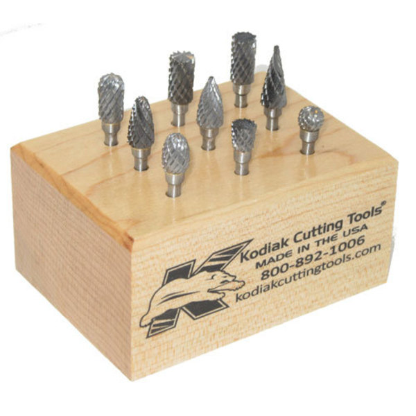 Kodiak Cutting Tools 9Pc Carbide Bur Set 1/4 Dia w/1/8 Inch Shanks & Wooden Stand 56310004